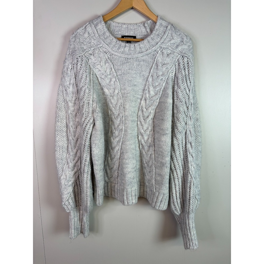 Express Sweater Large Gray Cable Kni Balloon Sleeve Crew Neck Pullover Women's
